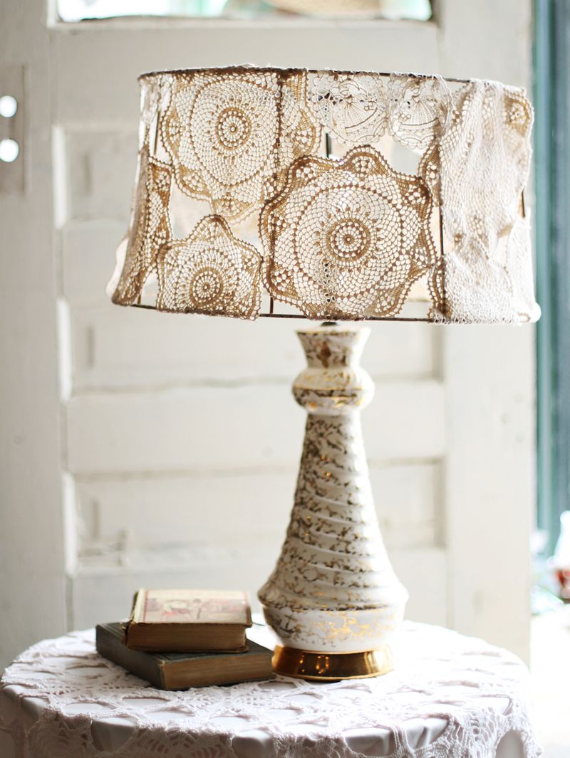 Doily Covered Lamp Shade Project A, Old Wire Lamp Shades