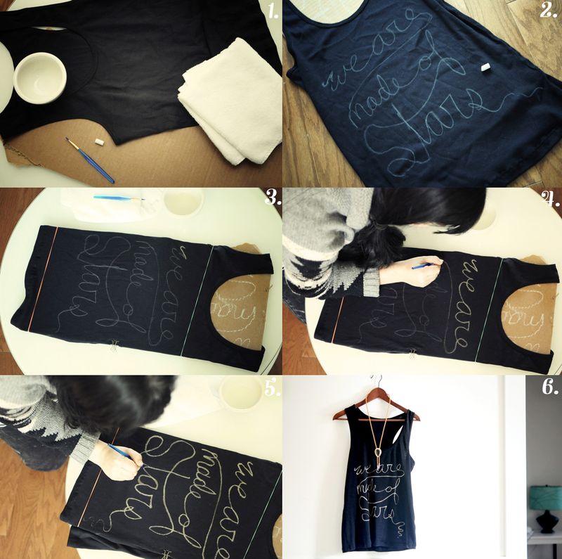 photo 1 - dark blue tank top with a white bowl, white towels, and blue paint brush on top, photo 2 - we are made of stars written on dark blue tank top, photo 3 - dark blue tank top on cardboard with rubber bands around top and bottom, photo 4 - someone outlining we are made of stars with paintbrush, photo 5 - someone finishing outlining words with paintbrush, and photo 6 - dark blue tank top hanging on hanger with a necklace over it