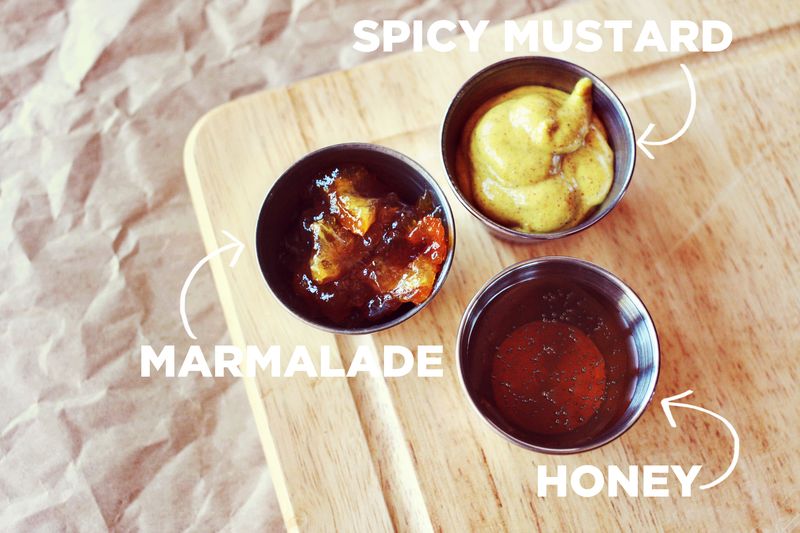 Spicy mustard, marmalade, honey