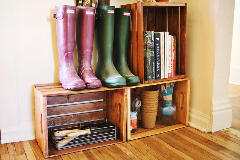 Crates as shelves in the mudroom