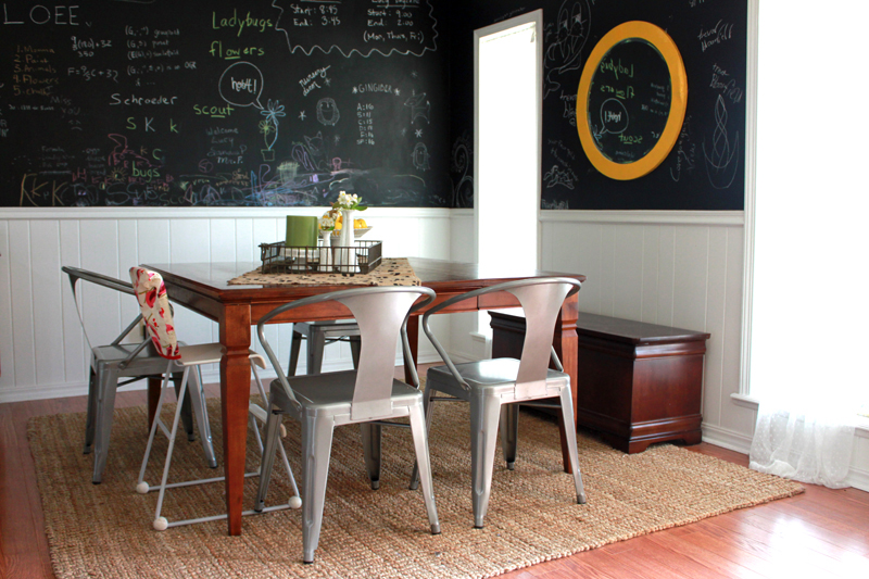 Love the chairs and chalkboard wall in this dining room!