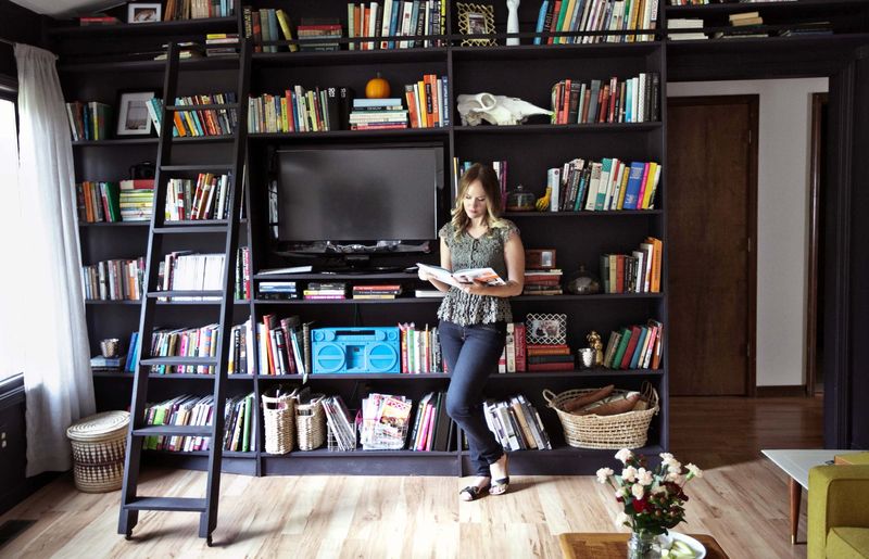 Home Tour Emma S Living Room A, Library Wall Shelves With Ladder