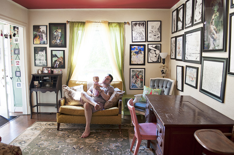 Max Bemis in his home with daughter Lucy
