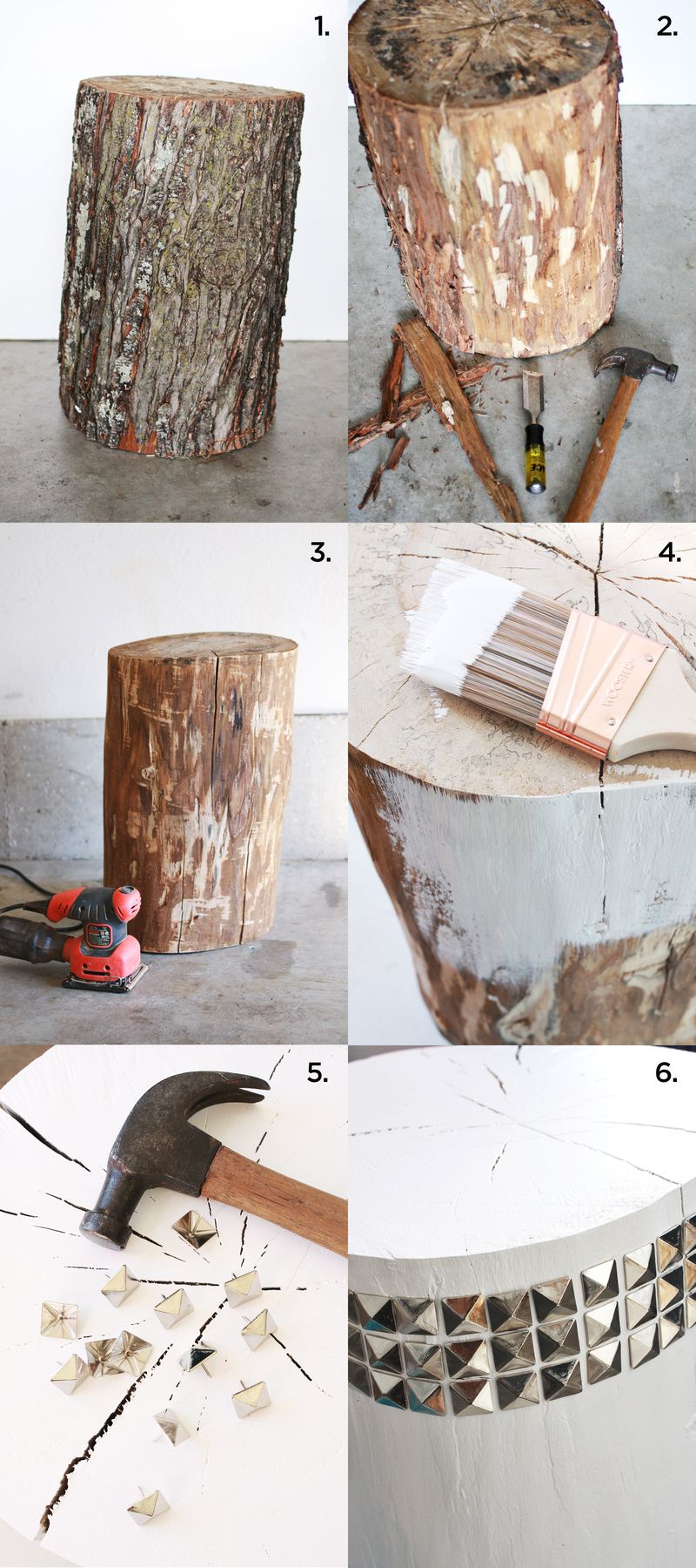 DIY Studded Tree Stump Side Table abeautifulmess.com 