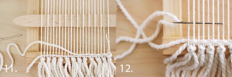 shed through white string on loom and white yarn being three through white string with a needle