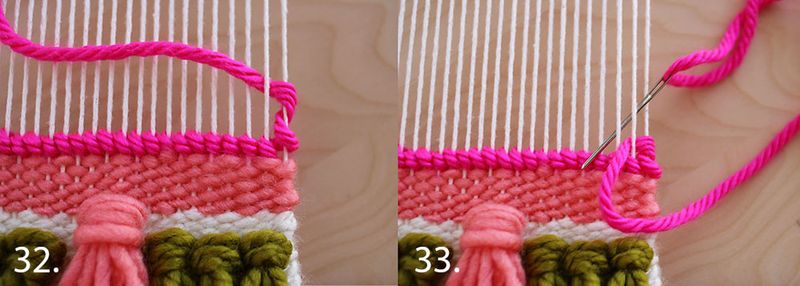 hot pink yuarn being three through white string with a needle on loom