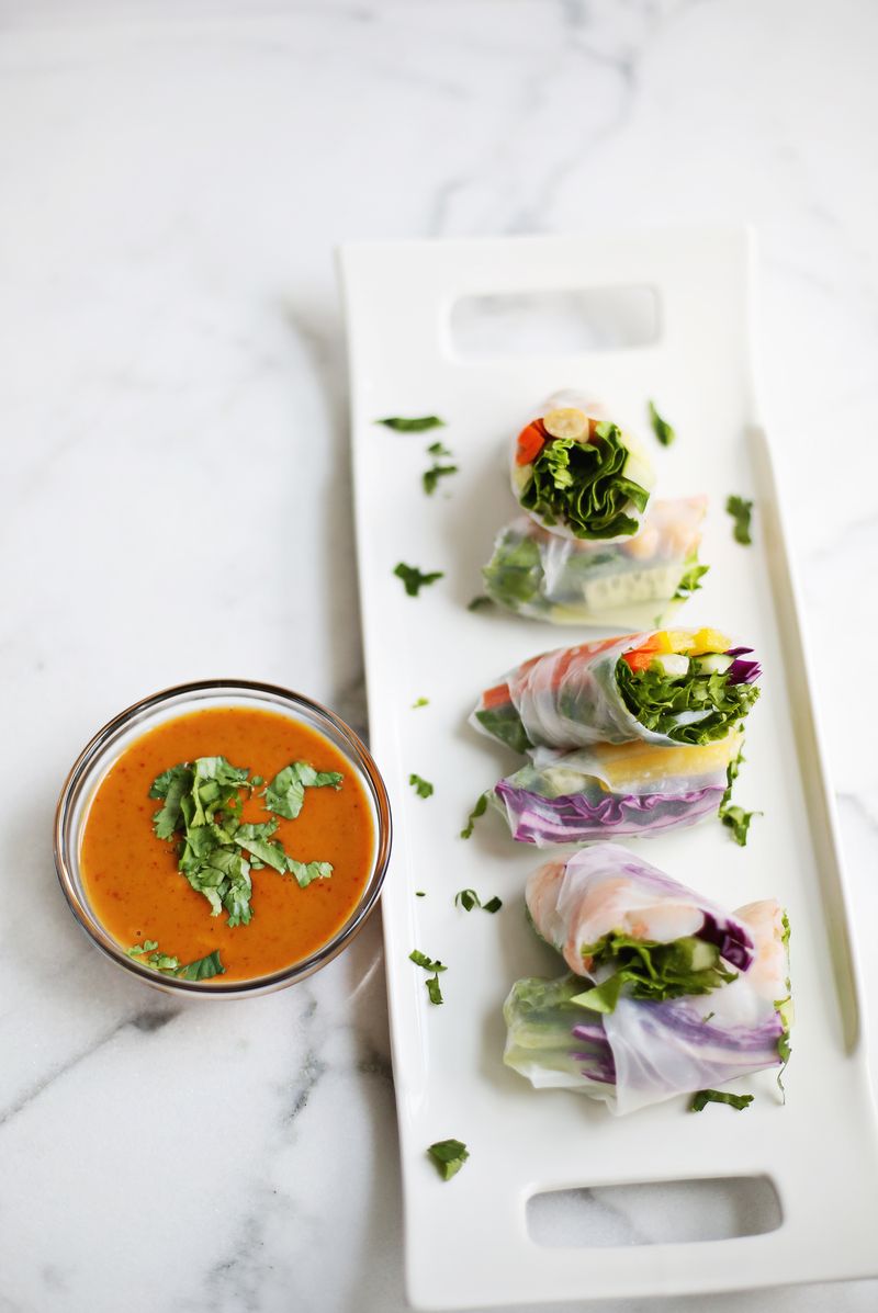 Fresh spring rolls with spicy peanut sauce (click through for recipe) 
