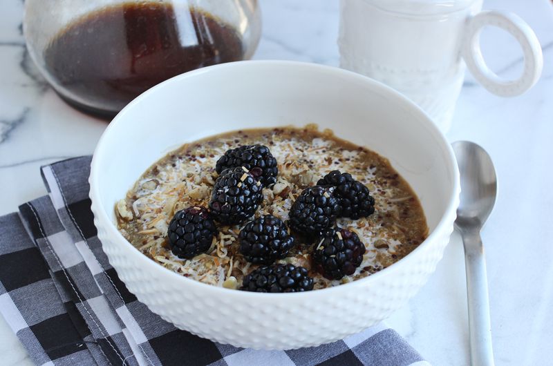 Toasted coconut and berries breakfast quinoa