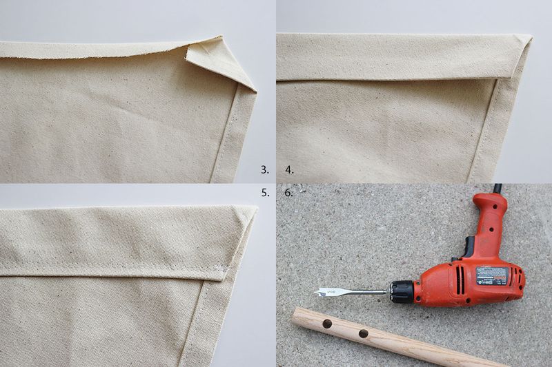4 pictures of steps 3-6, step 3: corner of canvas folded over, step 4: top of canvas folded over, step 5: top of canvas folded over, and step 6: a drill and wooden rod with 2 holes drilled into it