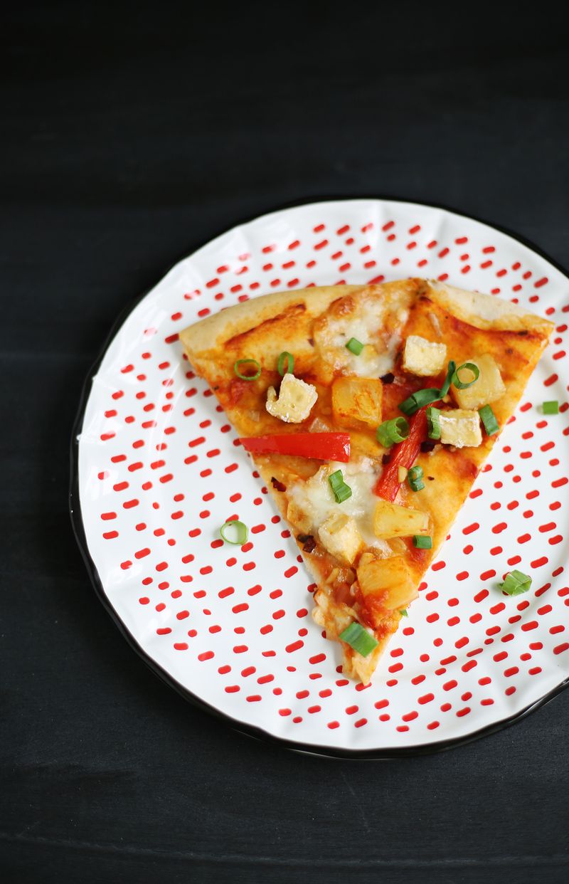 Pineapple and baked tofu pizza
