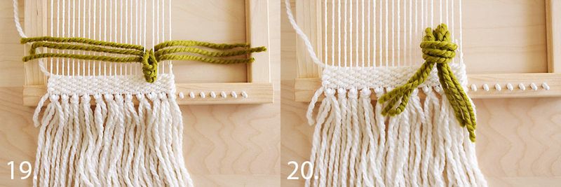 green yarn being tied around white string on loom