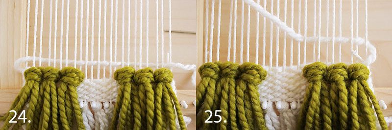 green yarn tied to white string on a loom