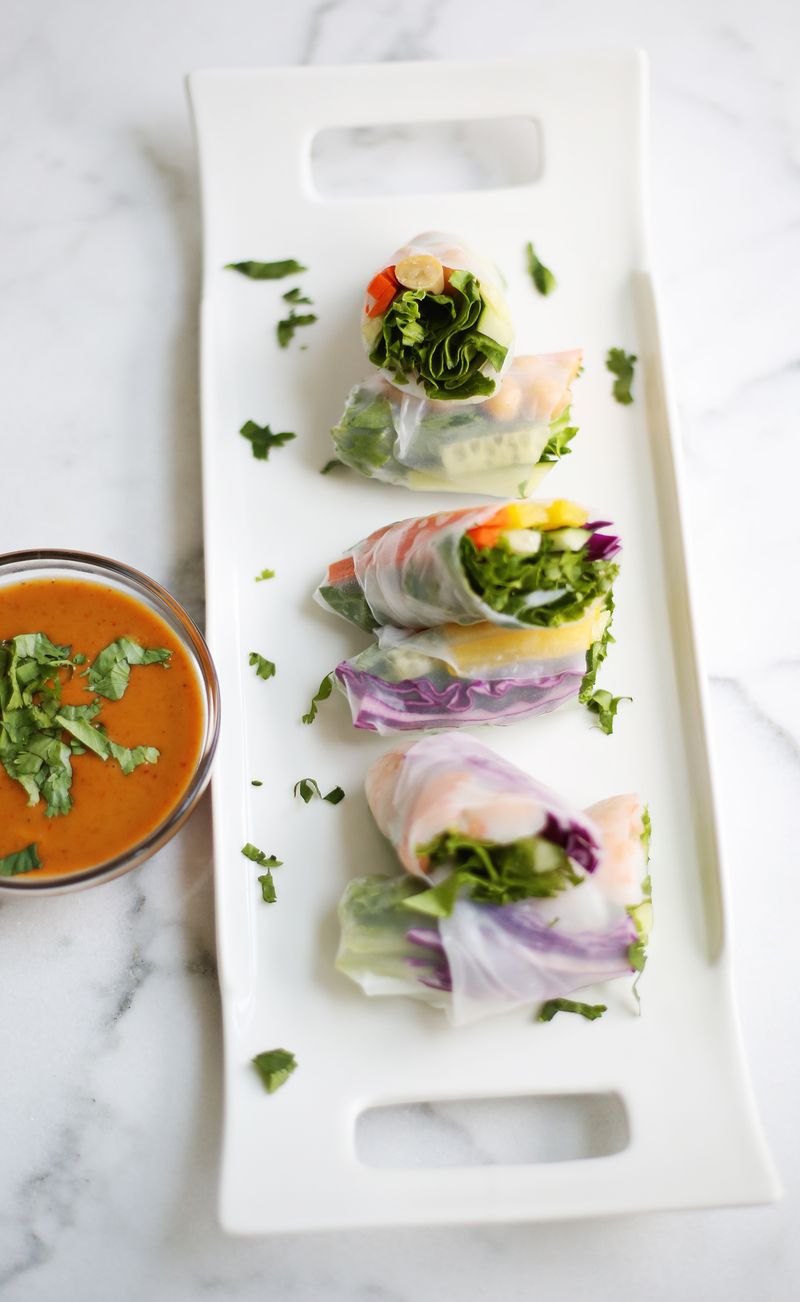 Fresh spring rolls with spicy peanut sauce (click through for recipe)