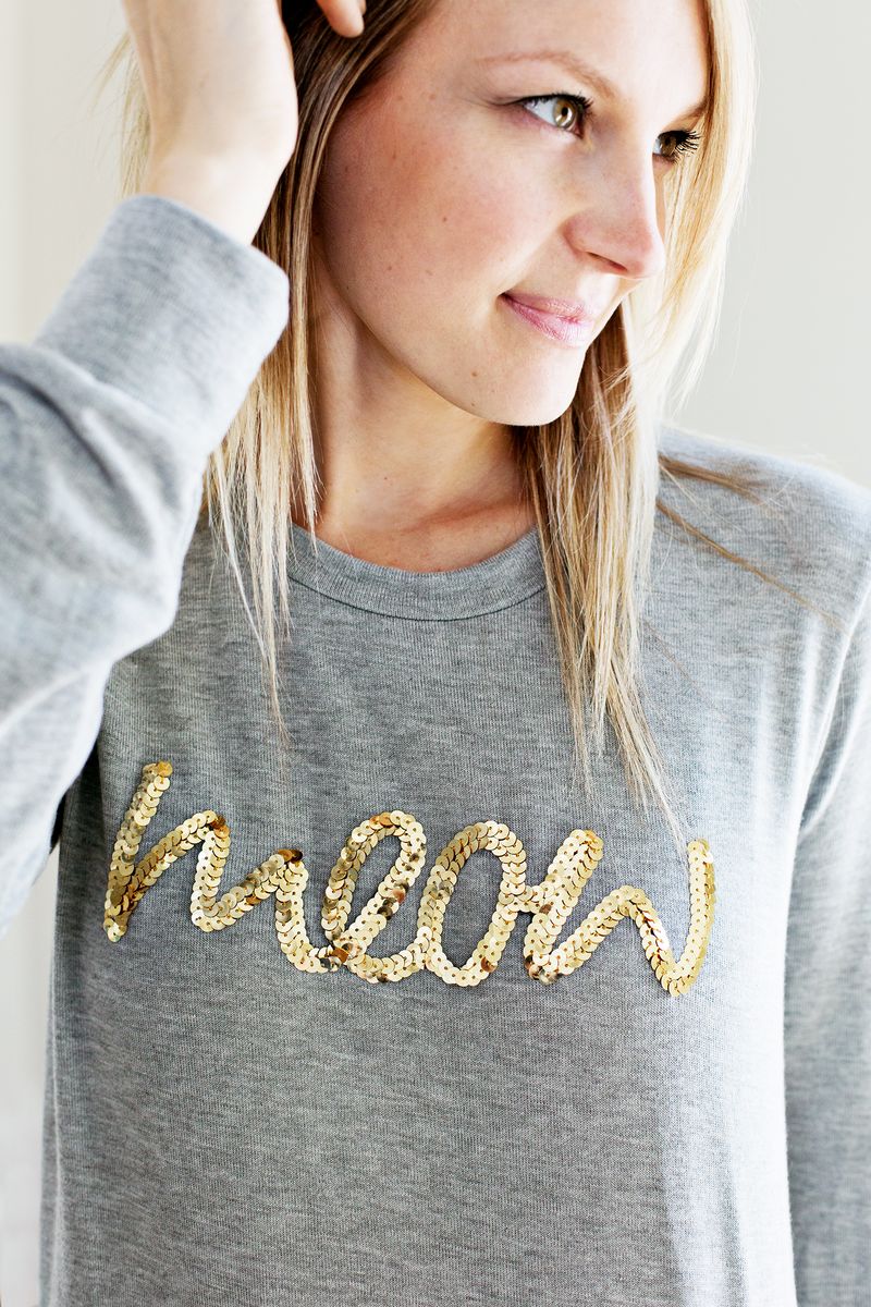 Sequin Phrase Sweatshirt DIY abeautifulmess.com   