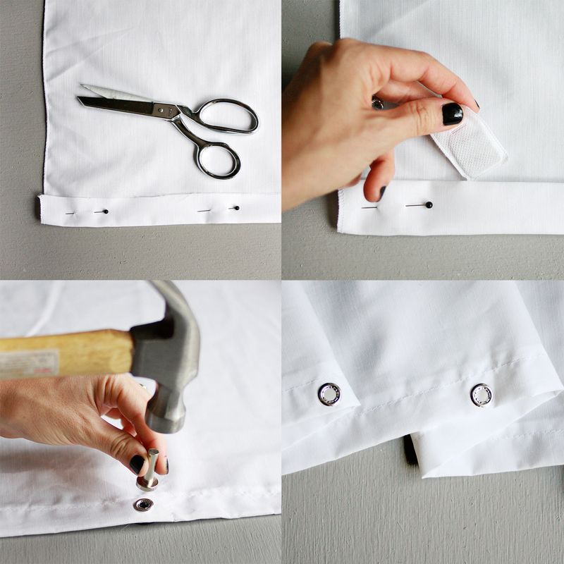 white fabric with scissors on top, white fabric with pins through the hem, someone hammering a washer into the hem, and white fabric with washers on hem