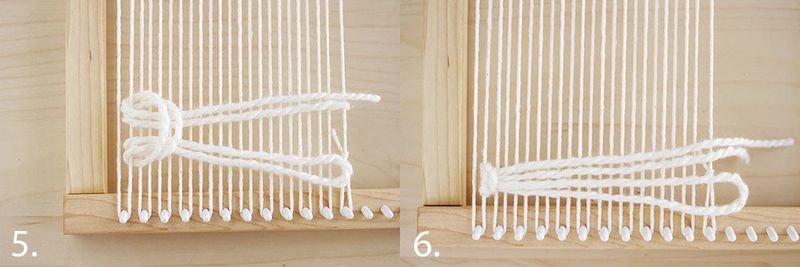 white yarn being strung through the white string on a loom