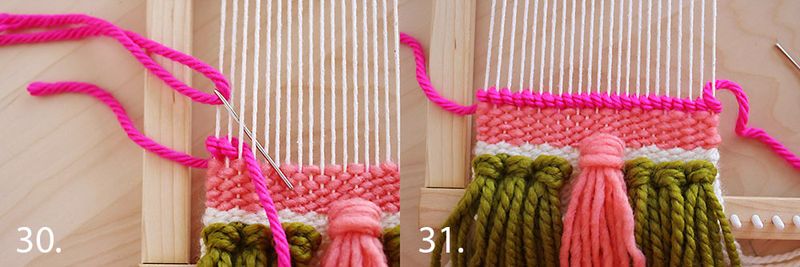 hot pink yarn being three through white string with a needle on loom