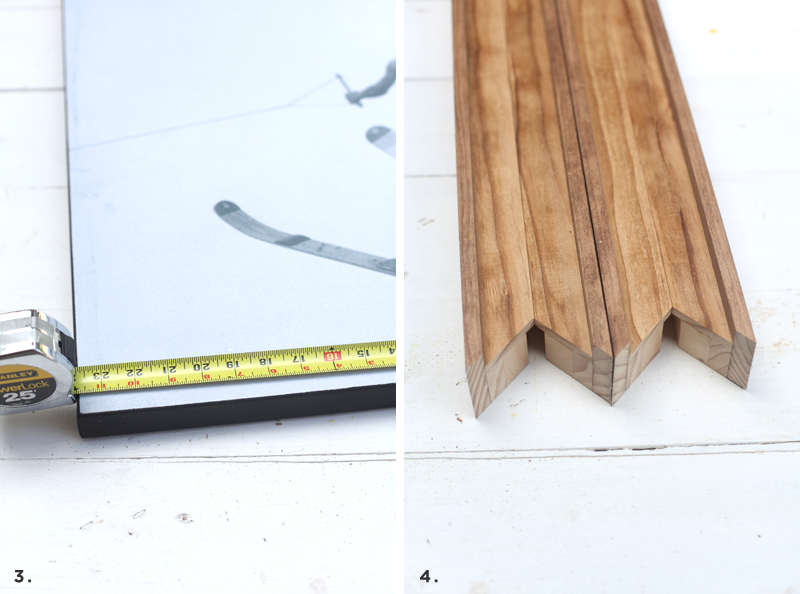 a tape measure measuring the canvas then 2 pieces of stained wood with the edges cut