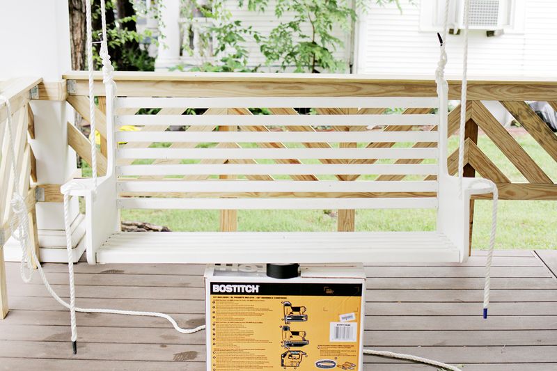 Build your own porch swing armrest assembly (click through for more before and after pics)