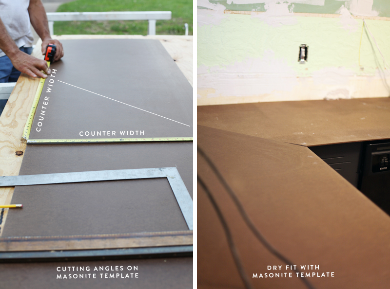 someone measuring countertop with measuring tape and fitting countertop with masonite template