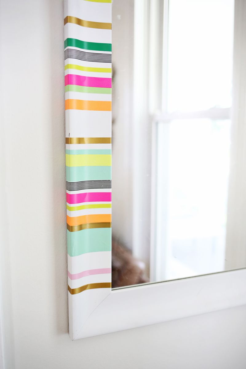 Washi tape stripes! Easy way to add color to a boring mirror