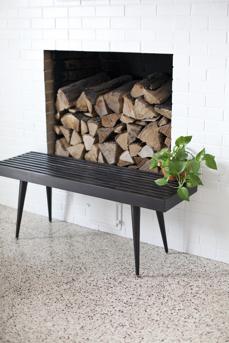 DIY slatwood bench with tapered legs