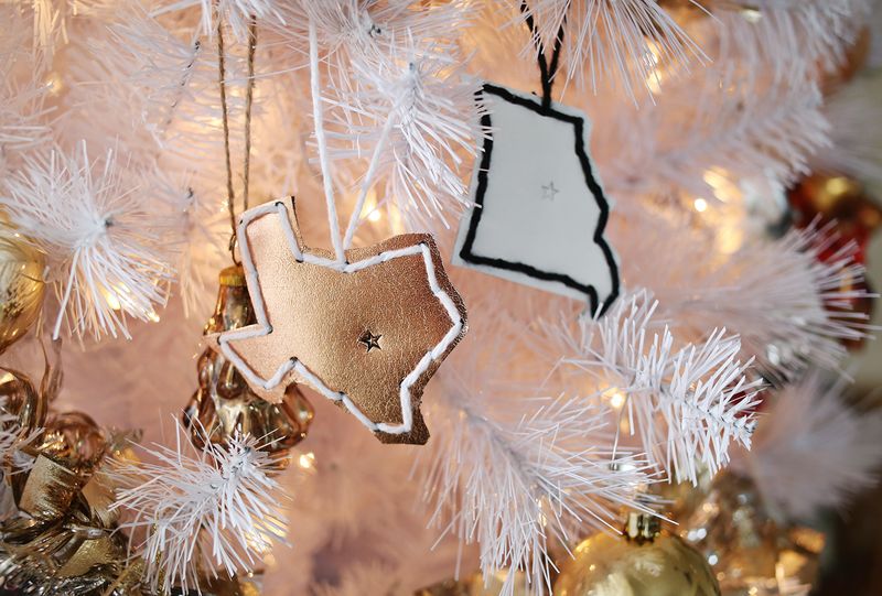Leather state ornaments via A Beautiful Mess 