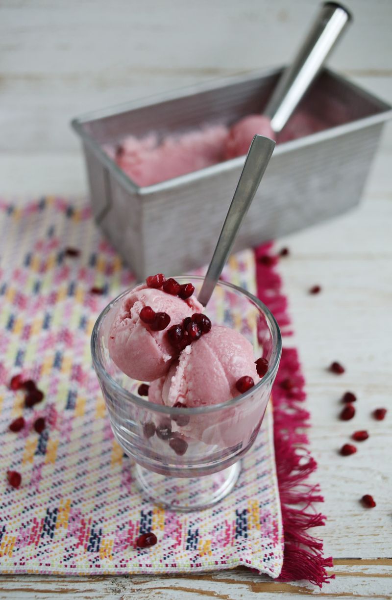 Pomegranate cream cheese ice cream via A Beautiful Mess