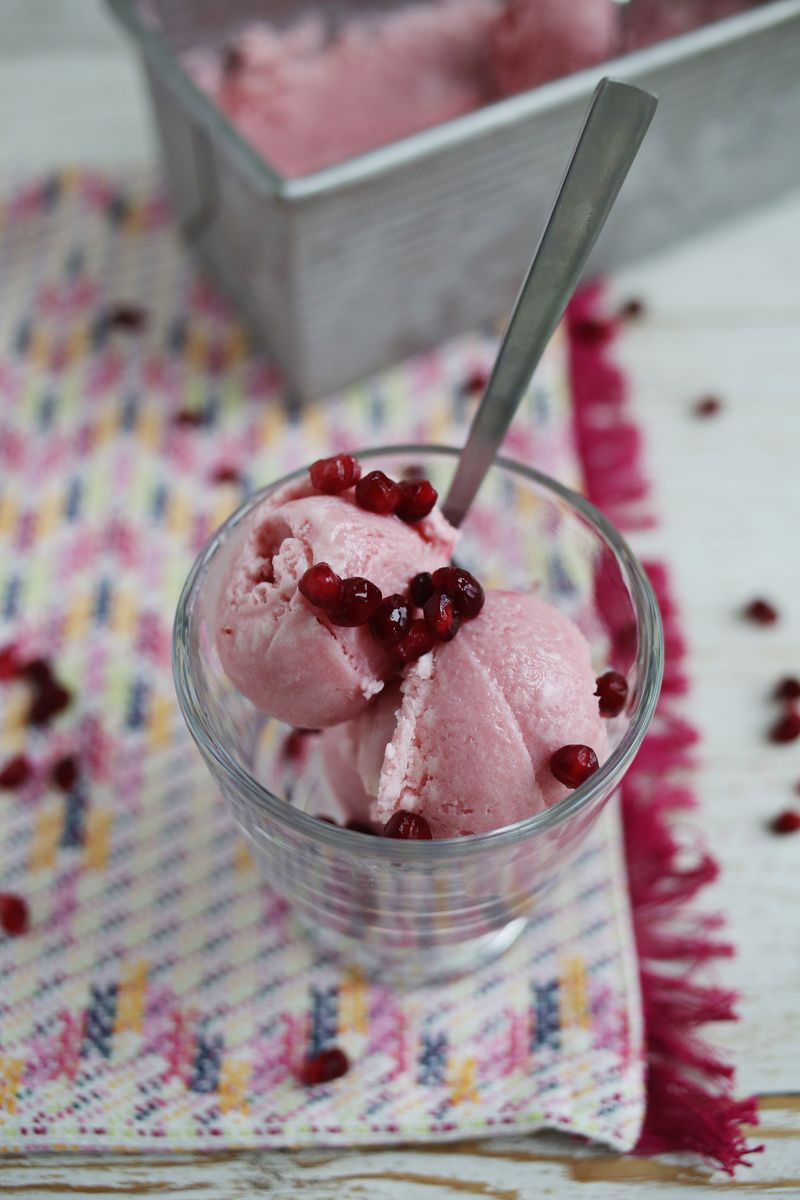 Pomegranate cream cheese ice cream via A Beautiful Mess 
