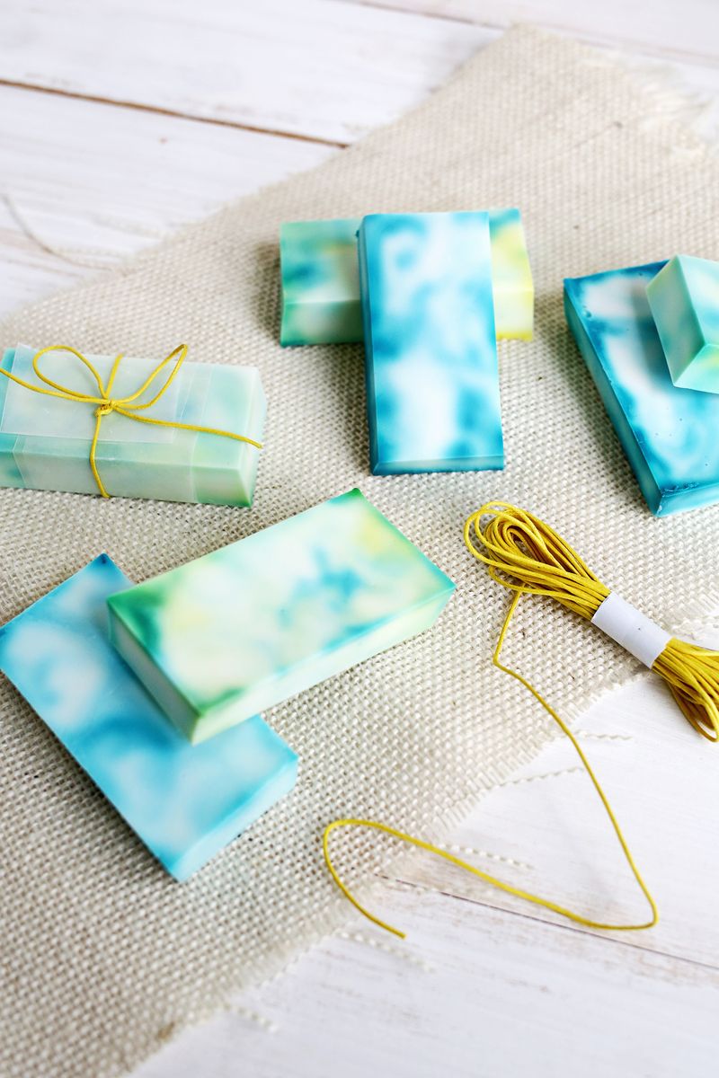 7 bars of tie dye soap with yellow string