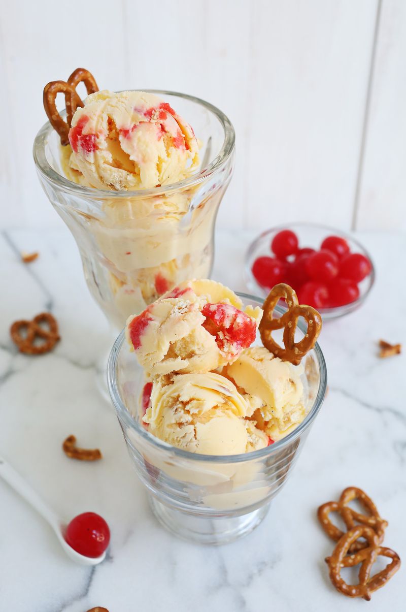 Buttermilk Ice Cream with Cherries and Pretzels (via abeautifulmess.com)