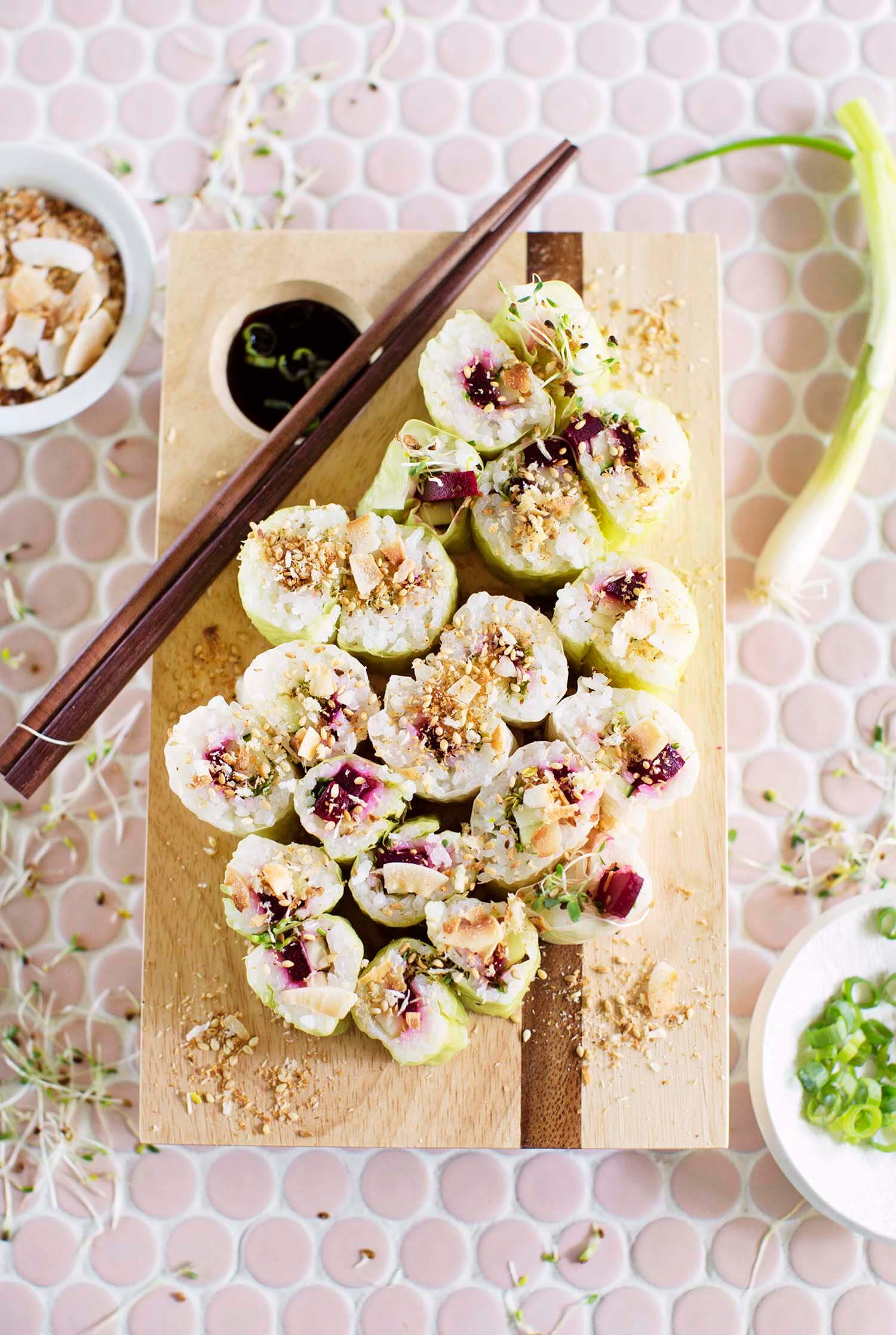 Crunchy beet and sprout sushi (via abeautifulmess.com)
