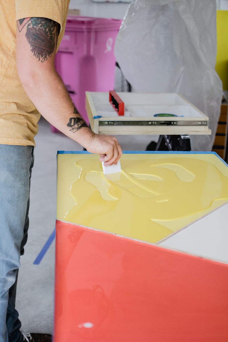 Office desk w: color infused epoxy top - mixing in paint (click for more details)