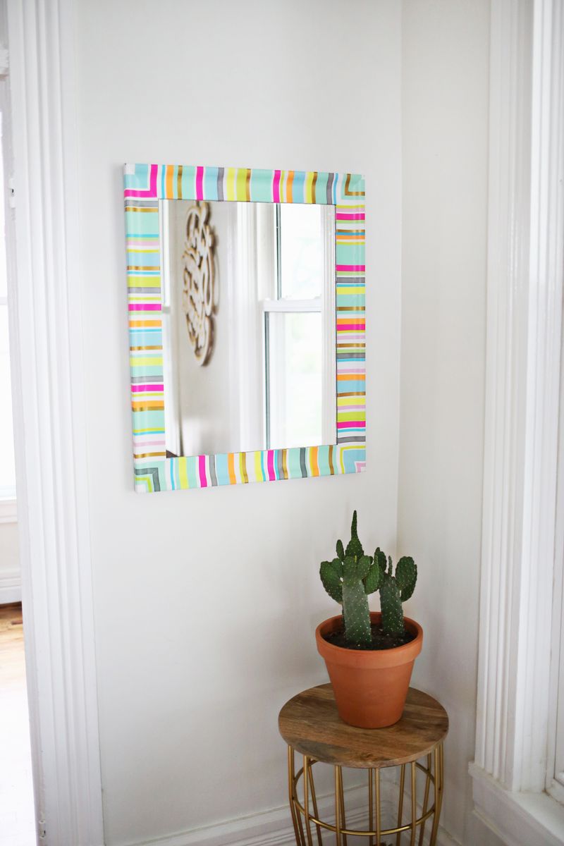 Washi tape stripes! Easy way to add color to a boring mirror 