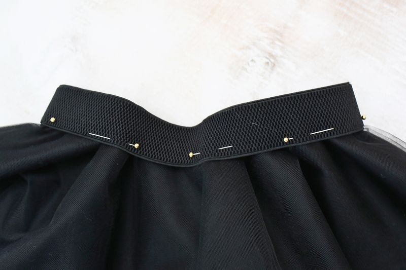 black elastic pinned to black tulle