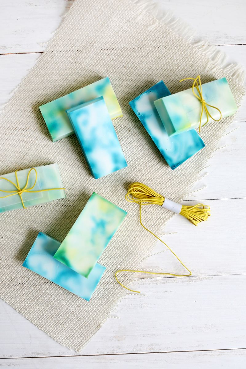 7 bars of tie dye soap with yellow string
