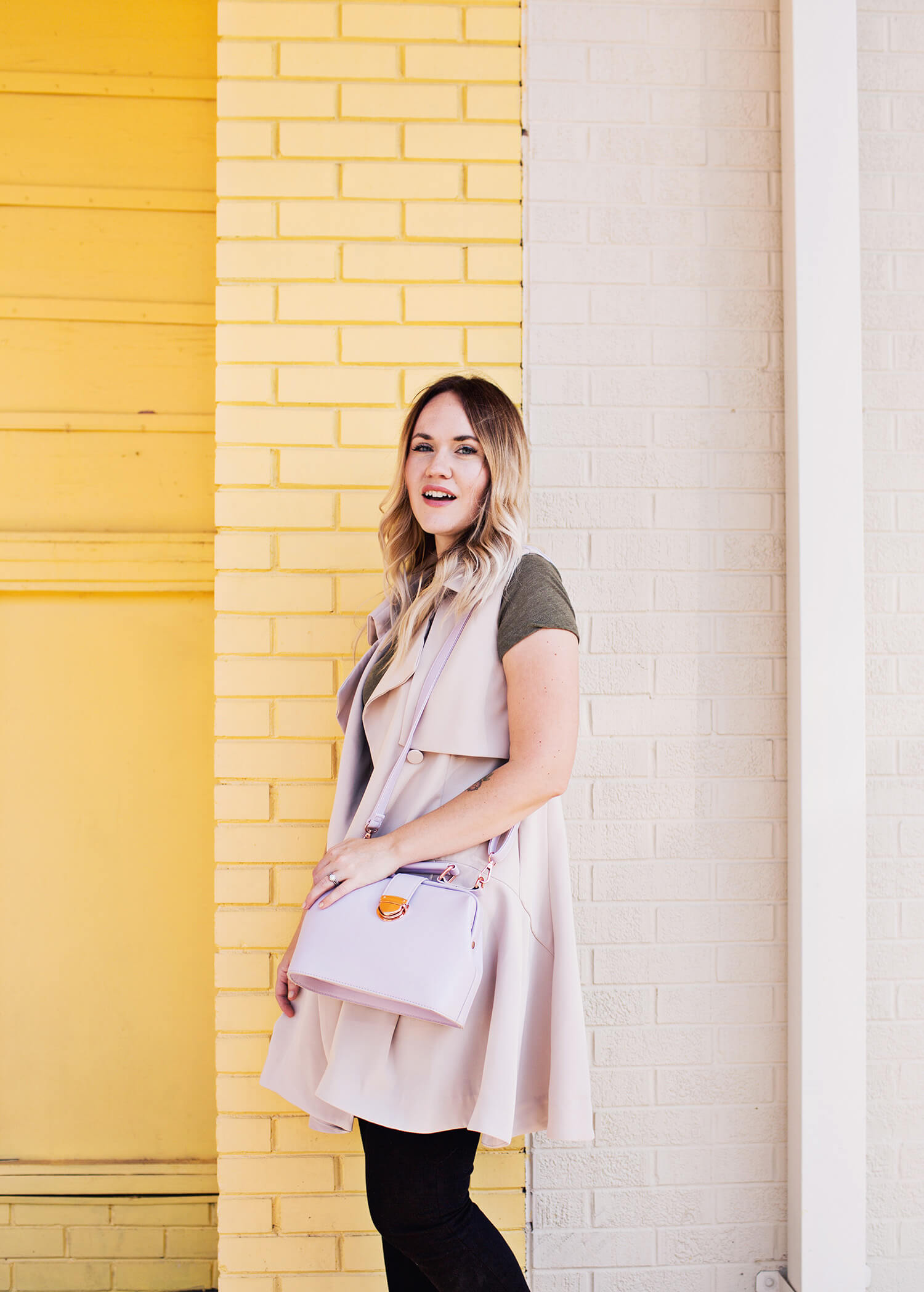 Trench vest and lavender purse