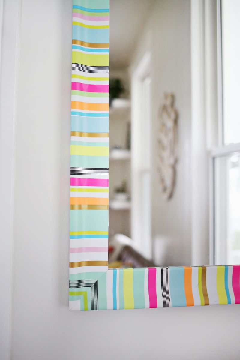 Washi tape stripes! Easy way to add color to a boring mirror 