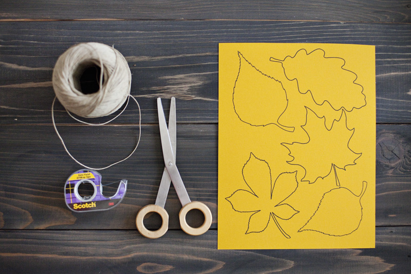a roll of string, scissors, stitch tape, and leaf designs drawn on yellow construction paper