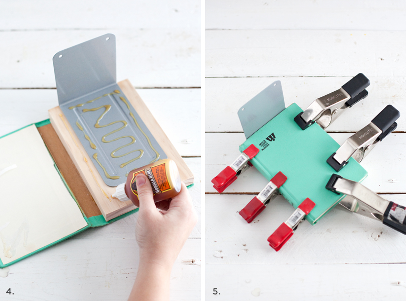 Turn discarded books into invisible bookends for a streamlined bookshelf display.