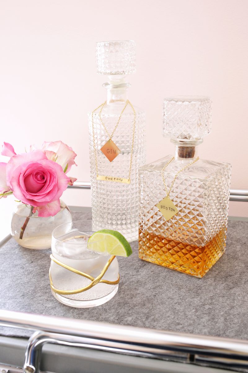 Stamped metal tags for glass decanters-so pretty! (click through for tutorial) 