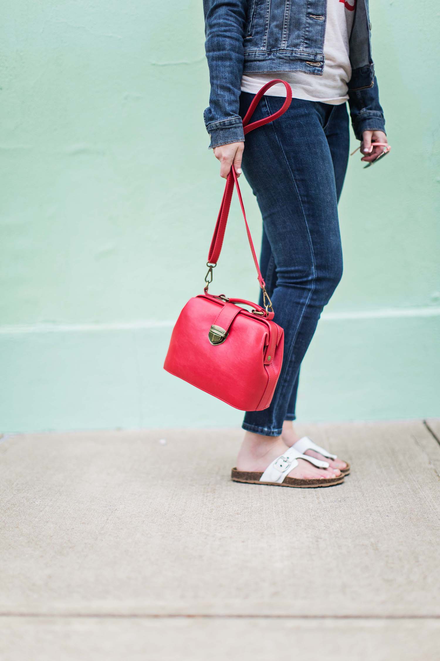 Red purse white sandals