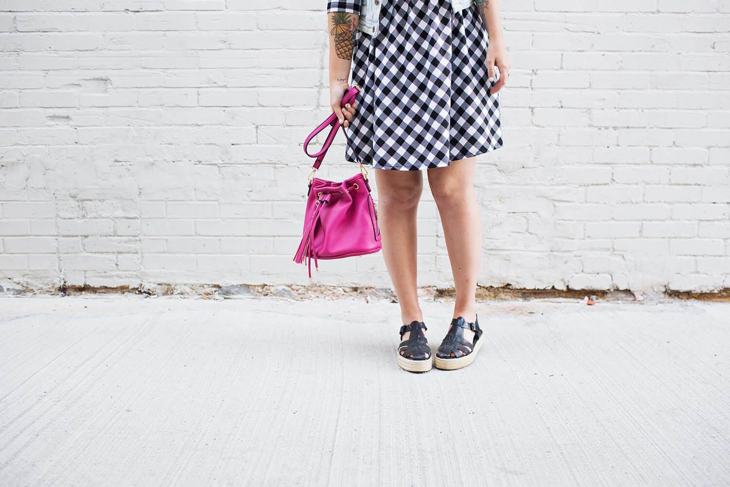 Gingham dress and pink bucket bag from Oui Fresh