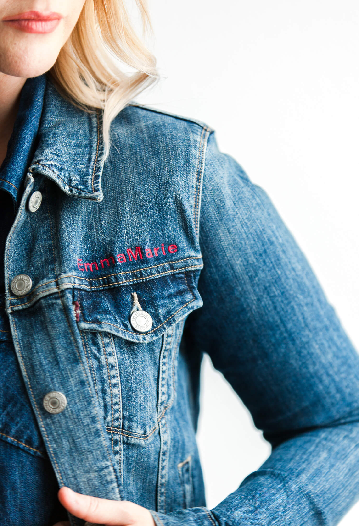 DIY embroidered denim jacket close up